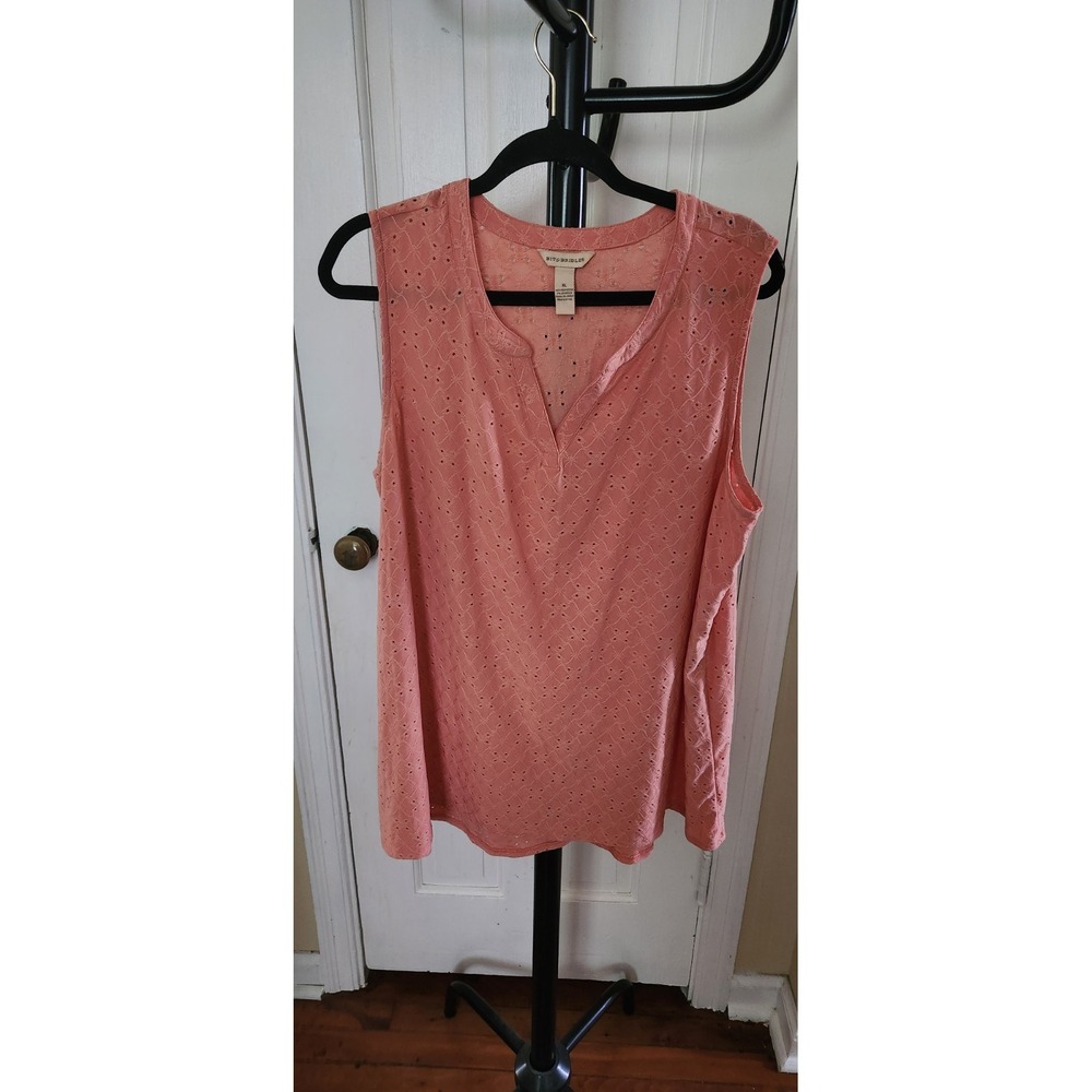 Bit & Bridle Pink Eyelet Lace Tank Top Blouse Sleeveless Split V-Neck XL